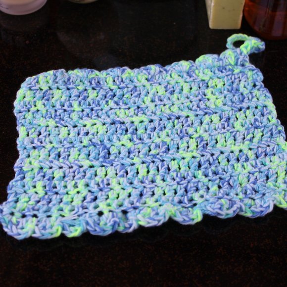 NEW 3 COTTON Washcloths Blue Green w/ Loop Hand Crafted Yarn - Picture 3 of 8